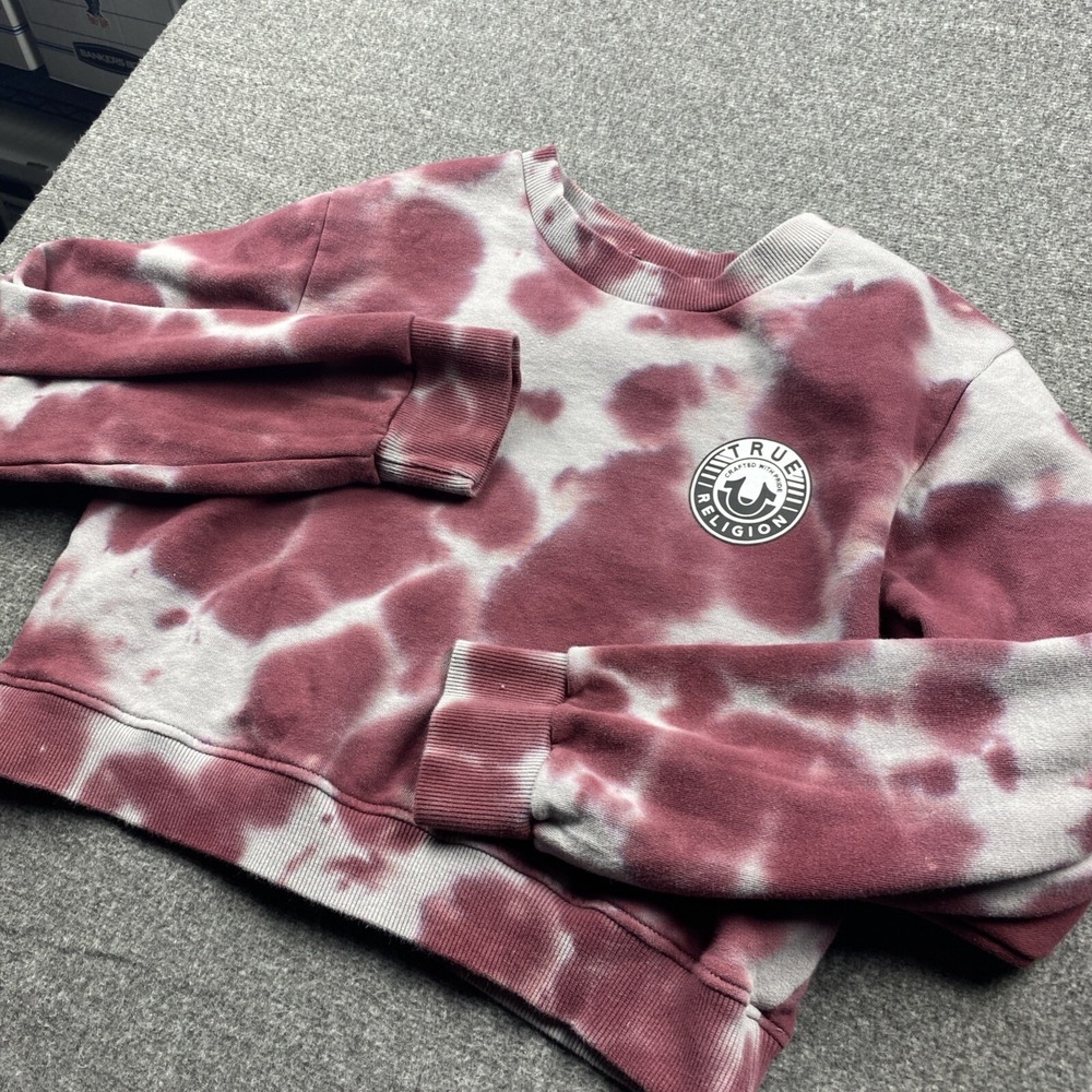 True Religion Sweatshirt Womens L Tie Dye Gray Cropped Crew Neck Long Sleeve